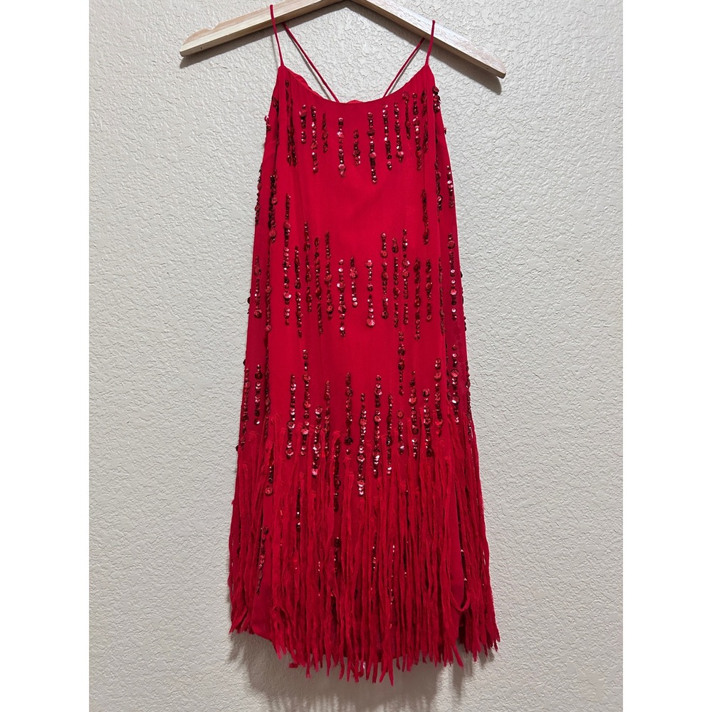 Free People Small Sequin Fringe Mini Dress Red Flapper Party Gatsby Boho Glam